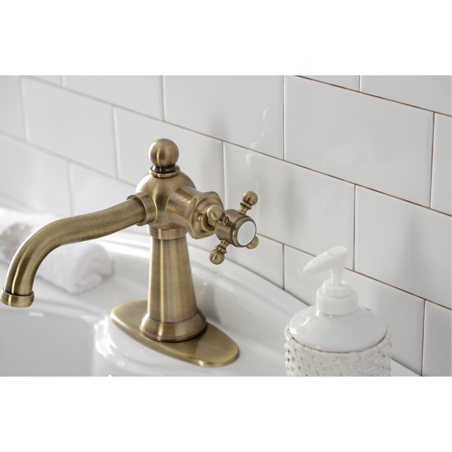 Kingston Heirloom KSD154BXAB - Nautical One-Handle 1-Hole Bathroom Faucet with Deck Plate and Push Pop-Up Drain, Antique Brass — thumbnail 2